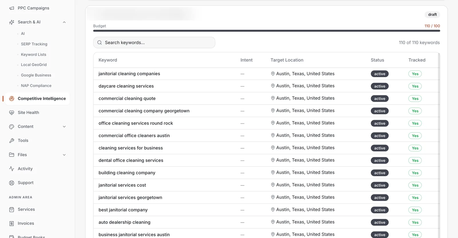 Keyword rank tracking in Karma — every local search term monitored, by location and status.